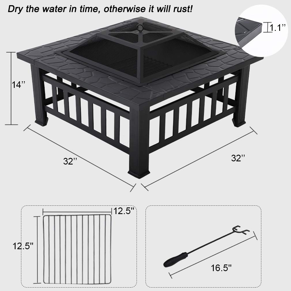 32'' Black Metal Square Wood Burning Fire Pit with Spark Screen Cover, Log Grate, Poker E553