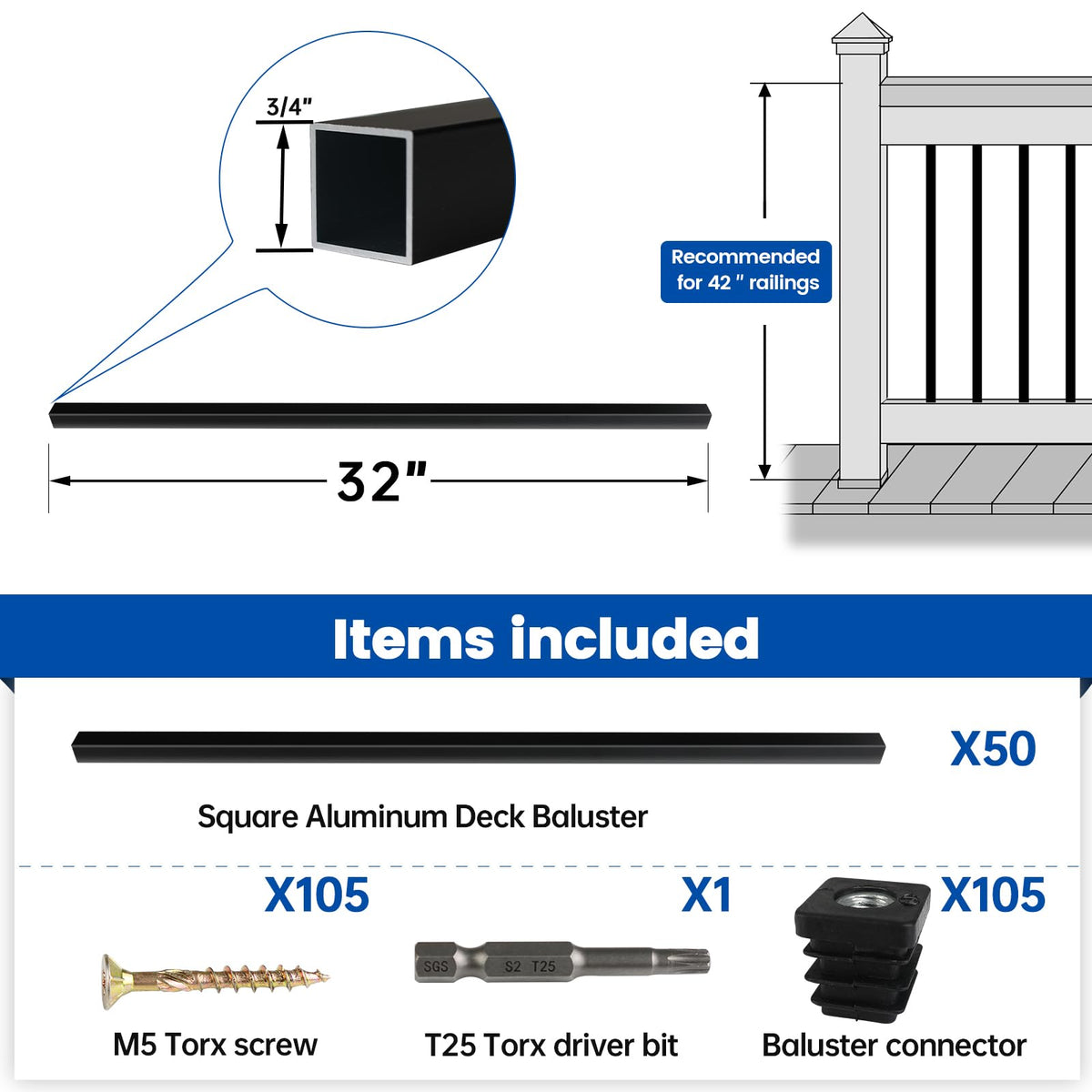 50 Pack 32" Black Aluminum Square Deck Balusters B15227