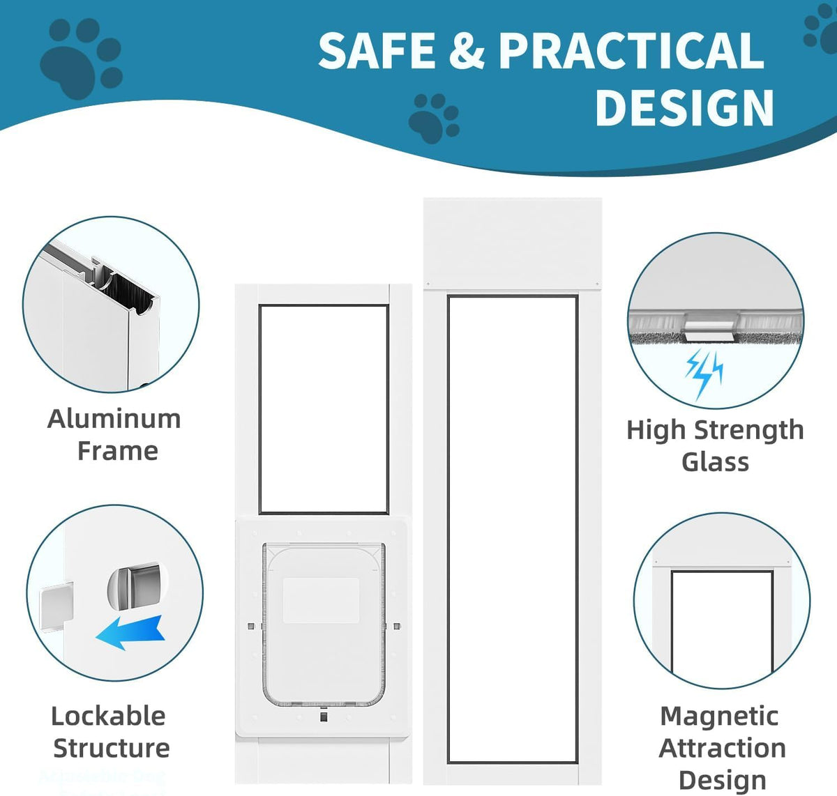 Dog Door for Sliding Glass Door, Magnetic Plastic Flap, Adjustable Height, No-Cut Insert with Lock, White P2957