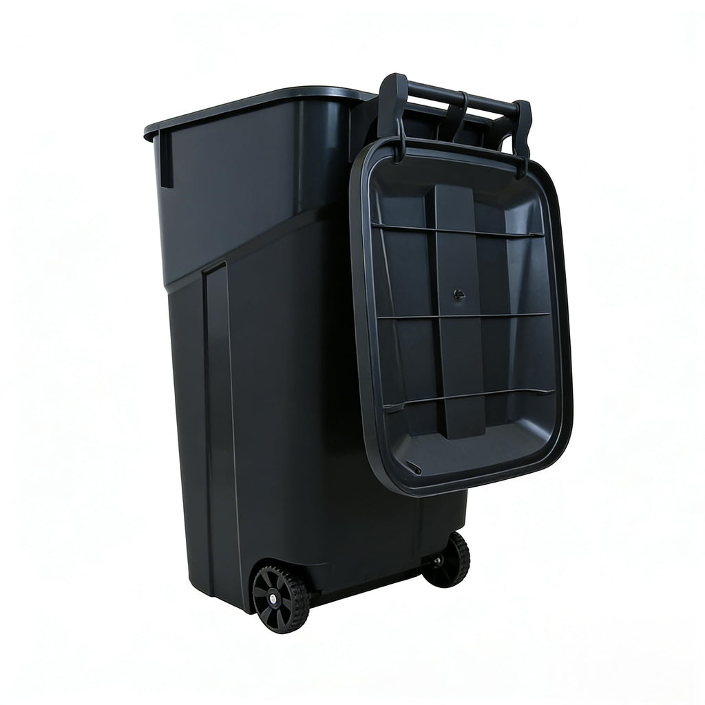 Black 32 Gallon Wheeled Heavy Duty Plastic Trash Can with Attached Lid K575