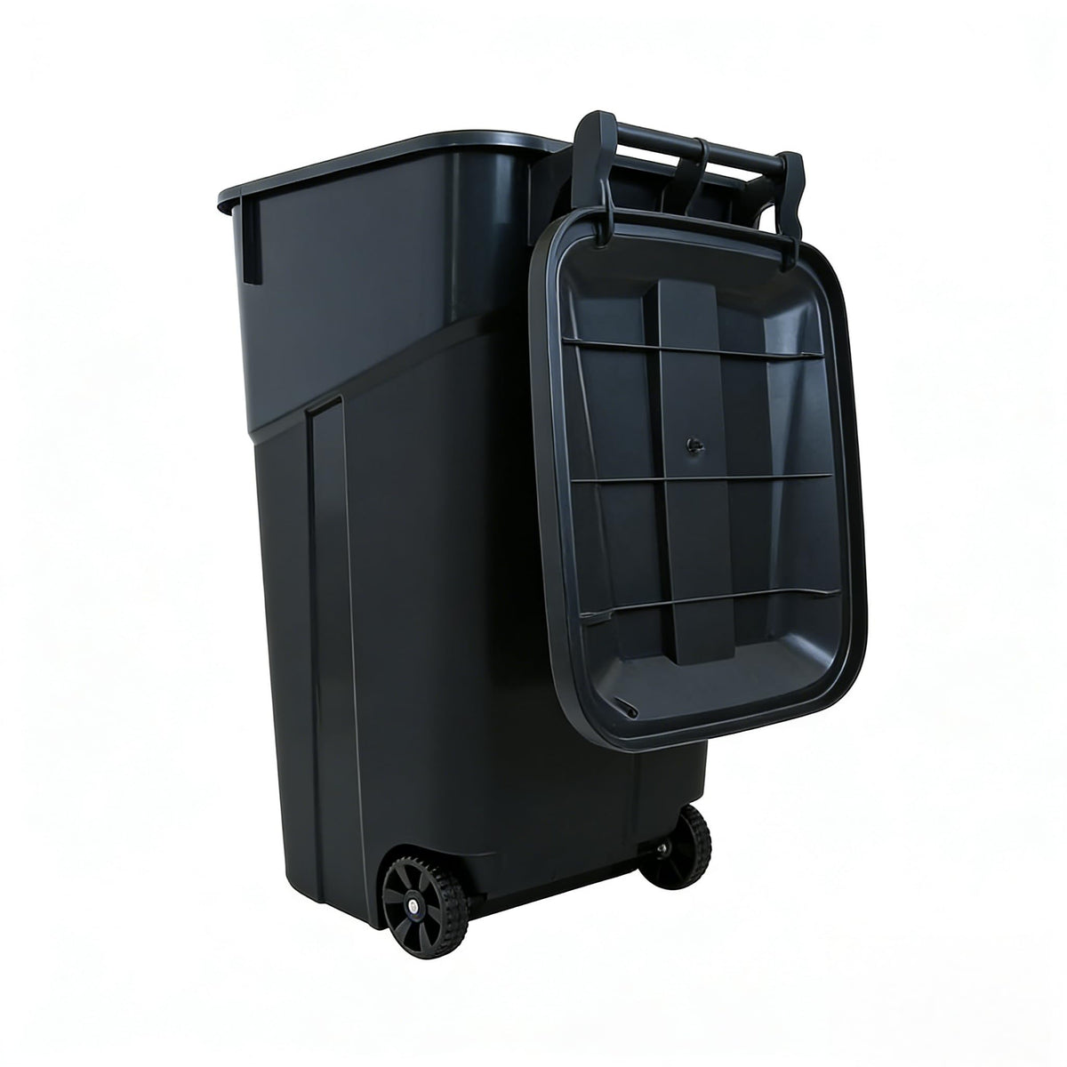 Black 32 Gallon Wheeled Heavy Duty Plastic Trash Can with Attached Lid K575