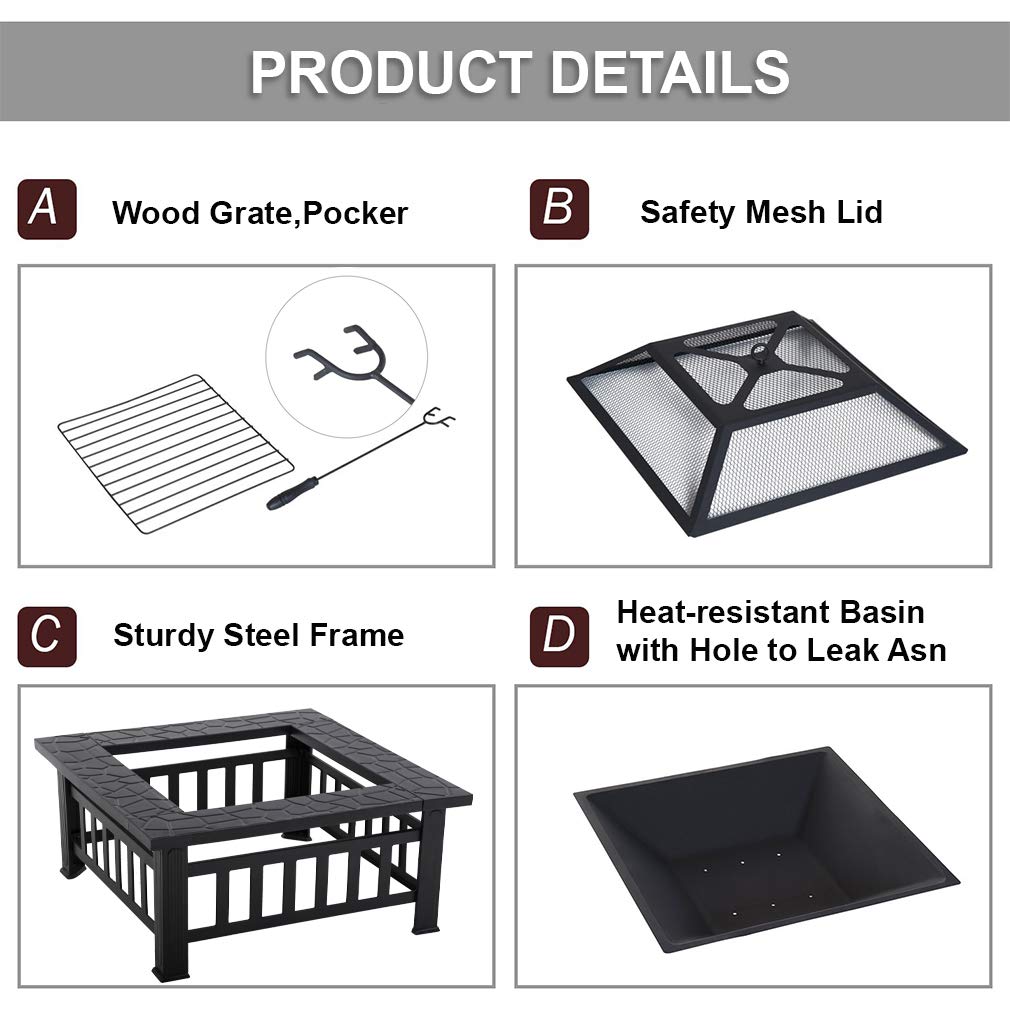 32'' Black Metal Square Wood Burning Fire Pit with Spark Screen Cover, Log Grate, Poker E553
