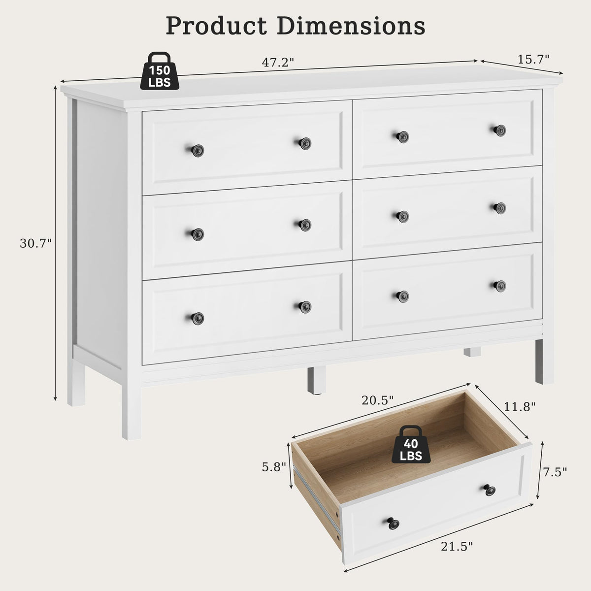 White 6 Drawer Dresser B188
