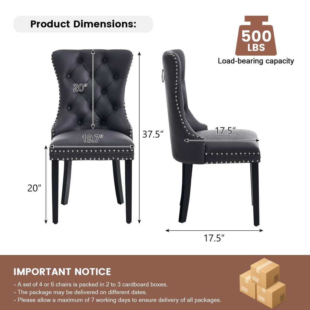 Black PU Leather Dining Chairs Set of 6 with Nailhead Trim and Solid Wood Legs S130465
