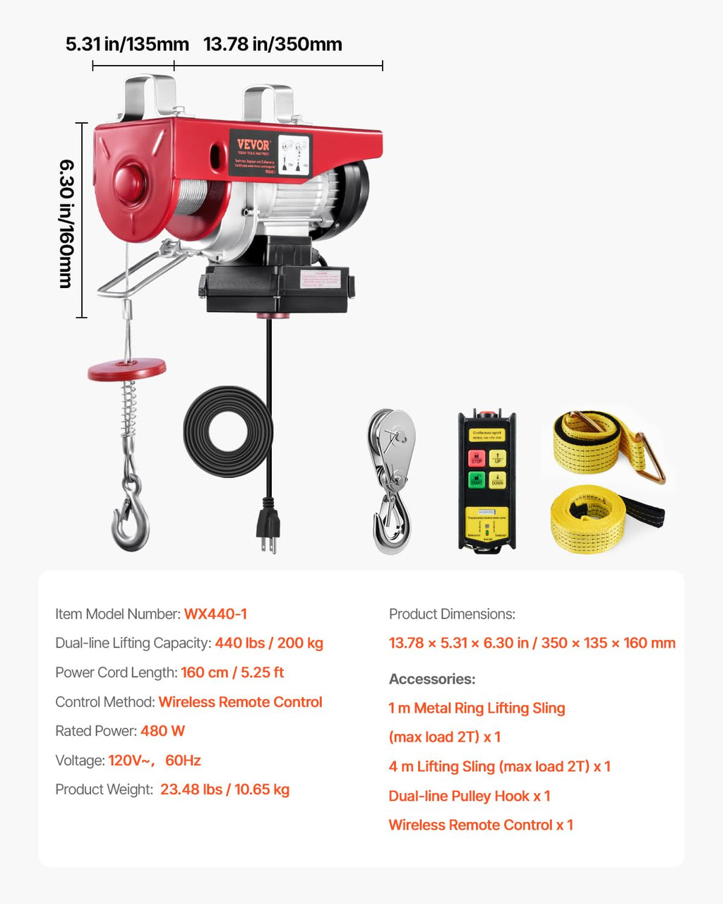 110v 440lbs Electric Hoist with Wireless Remote Control H288711