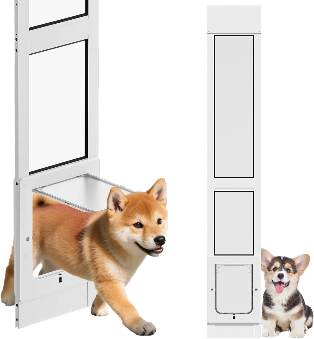 Dog Door for Sliding Glass Door, Magnetic Plastic Flap, Adjustable Height, No-Cut Insert with Lock, White P2957