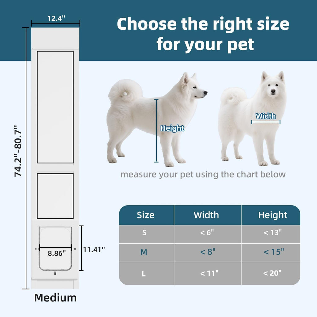Dog Door for Sliding Glass Door, Magnetic Plastic Flap, Adjustable Height, No-Cut Insert with Lock, White P2957