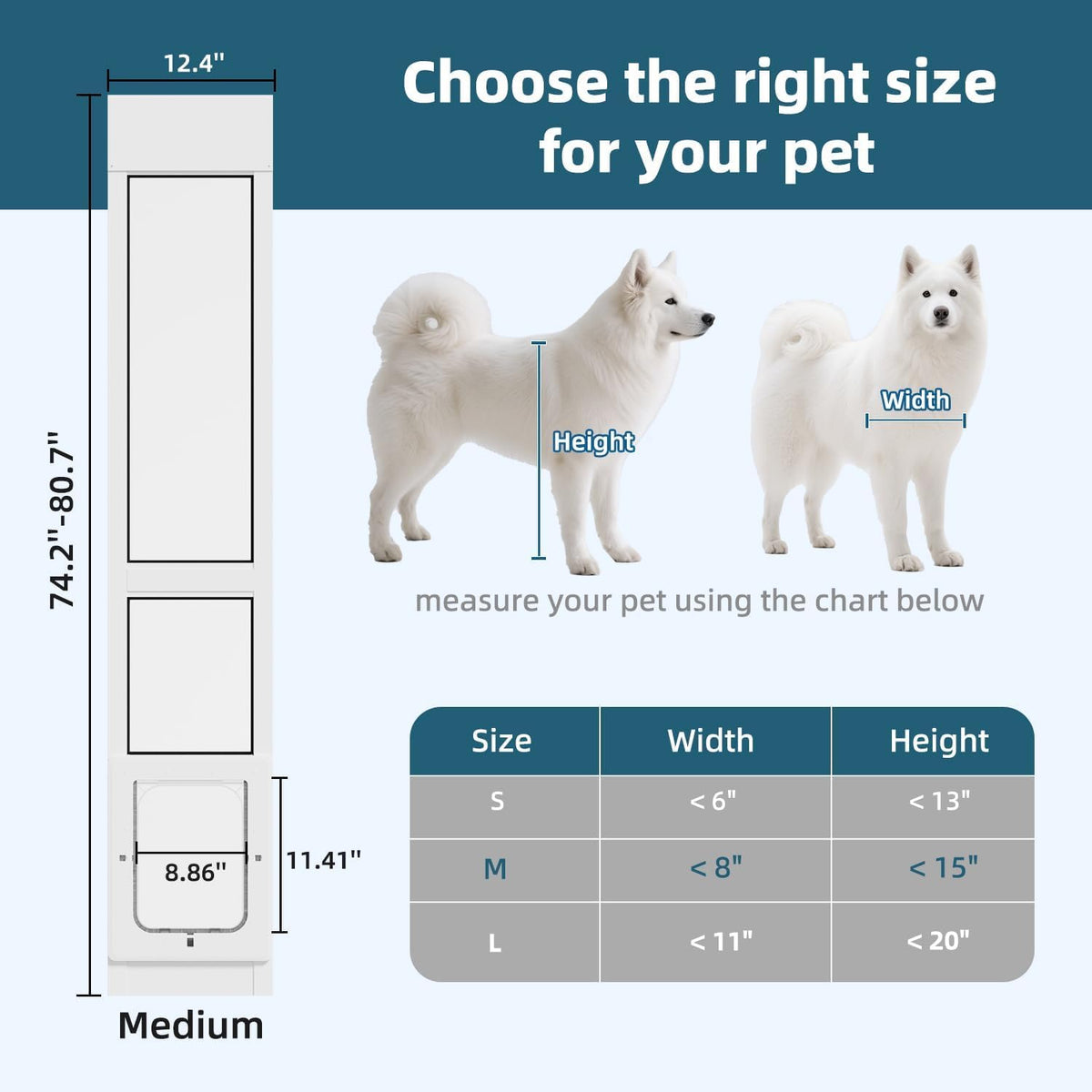 Dog Door for Sliding Glass Door, Magnetic Plastic Flap, Adjustable Height, No-Cut Insert with Lock, White P2957