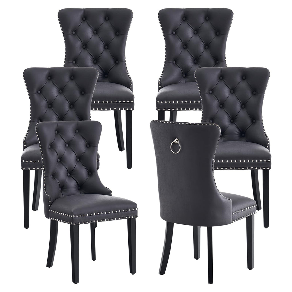 Black PU Leather Dining Chairs Set of 6 with Nailhead Trim and Solid Wood Legs S130465