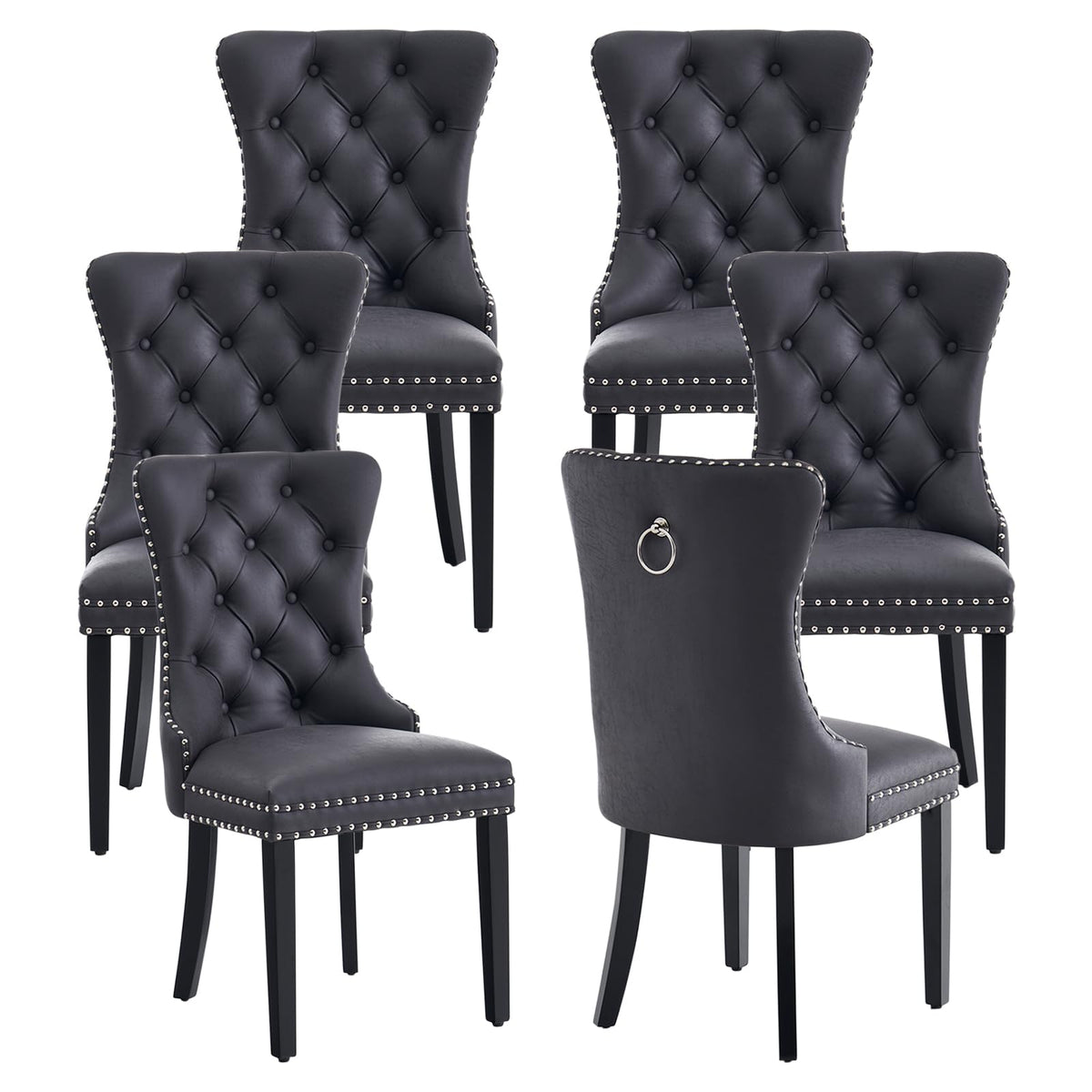 Black PU Leather Dining Chairs Set of 6 with Nailhead Trim and Solid Wood Legs S130465