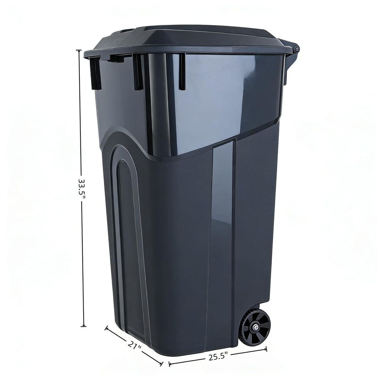 Black 32 Gallon Wheeled Heavy Duty Plastic Trash Can with Attached Lid K575