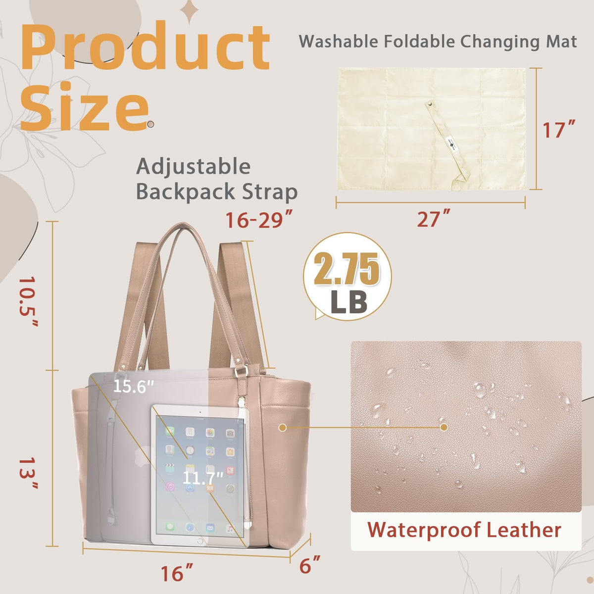 Leather Diaper Bag Tote with Mini Backpack W808