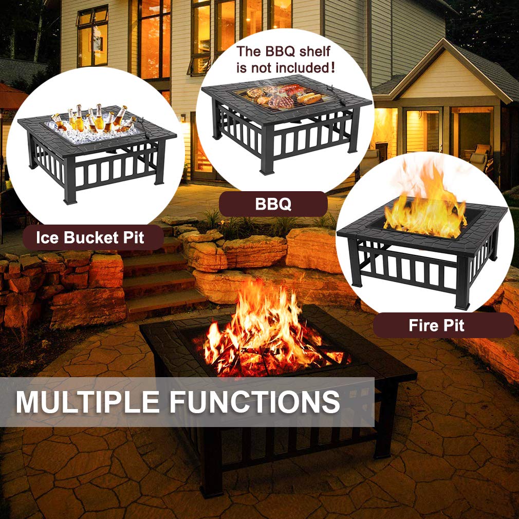 32'' Black Metal Square Wood Burning Fire Pit with Spark Screen Cover, Log Grate, Poker E553