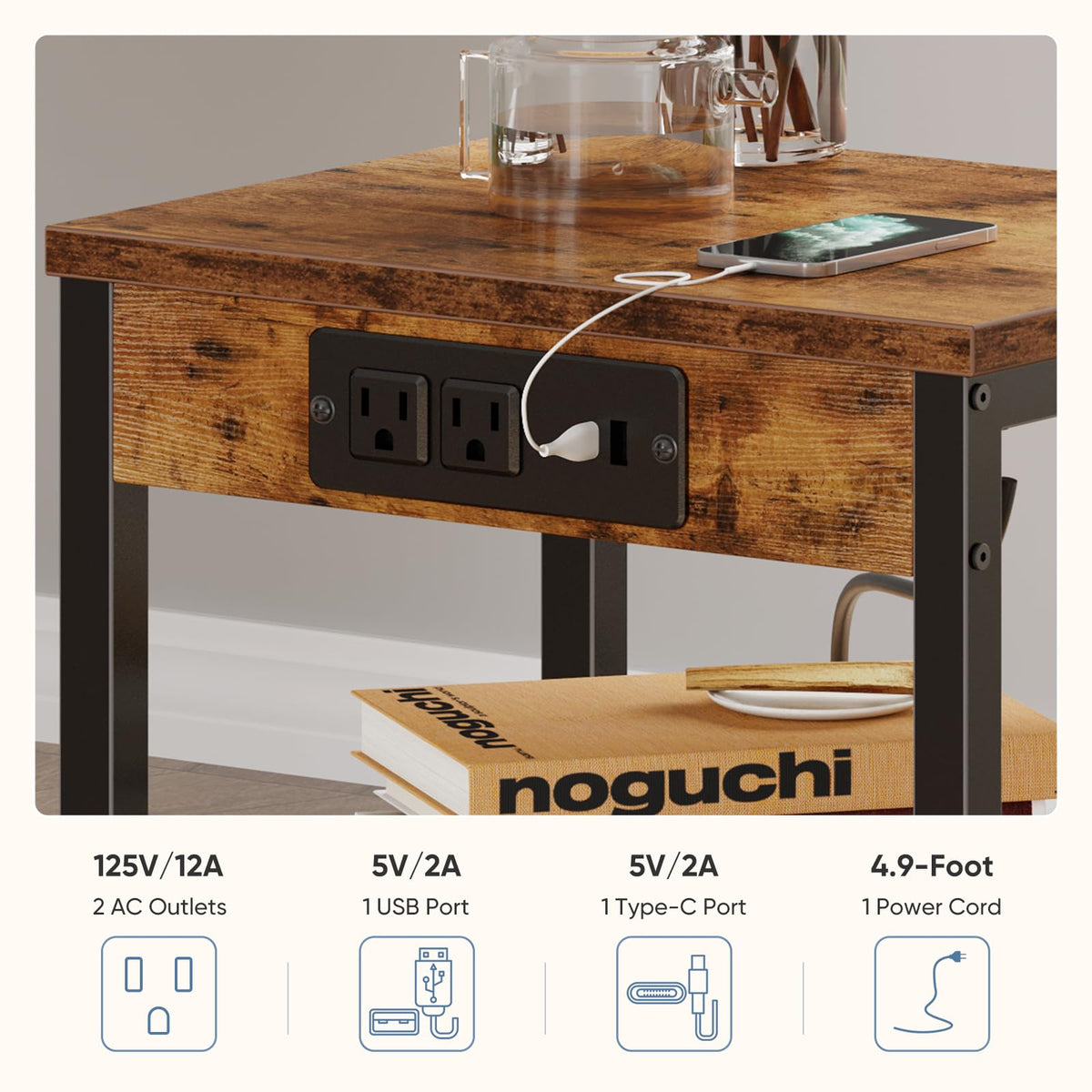 Nightstand with Charging Station, 3-Tier Bedside Table Z171