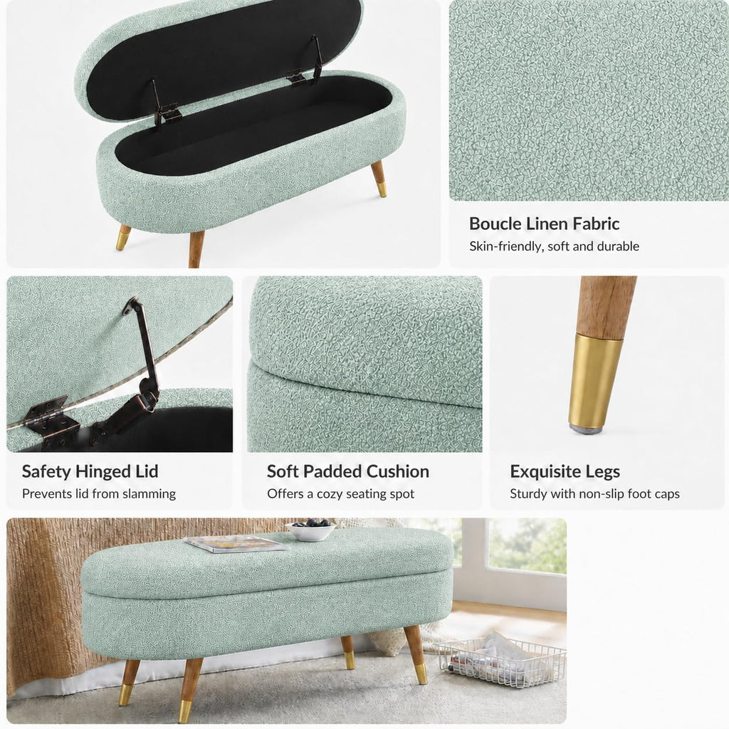 Cream Oval Boucle Storage Ottoman with Wooden Legs Y771