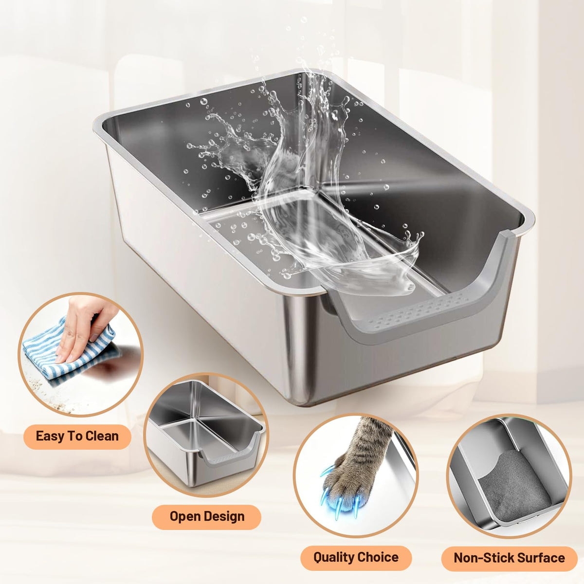 Stainless Steel Cat Litter Box with Low Entry H59814