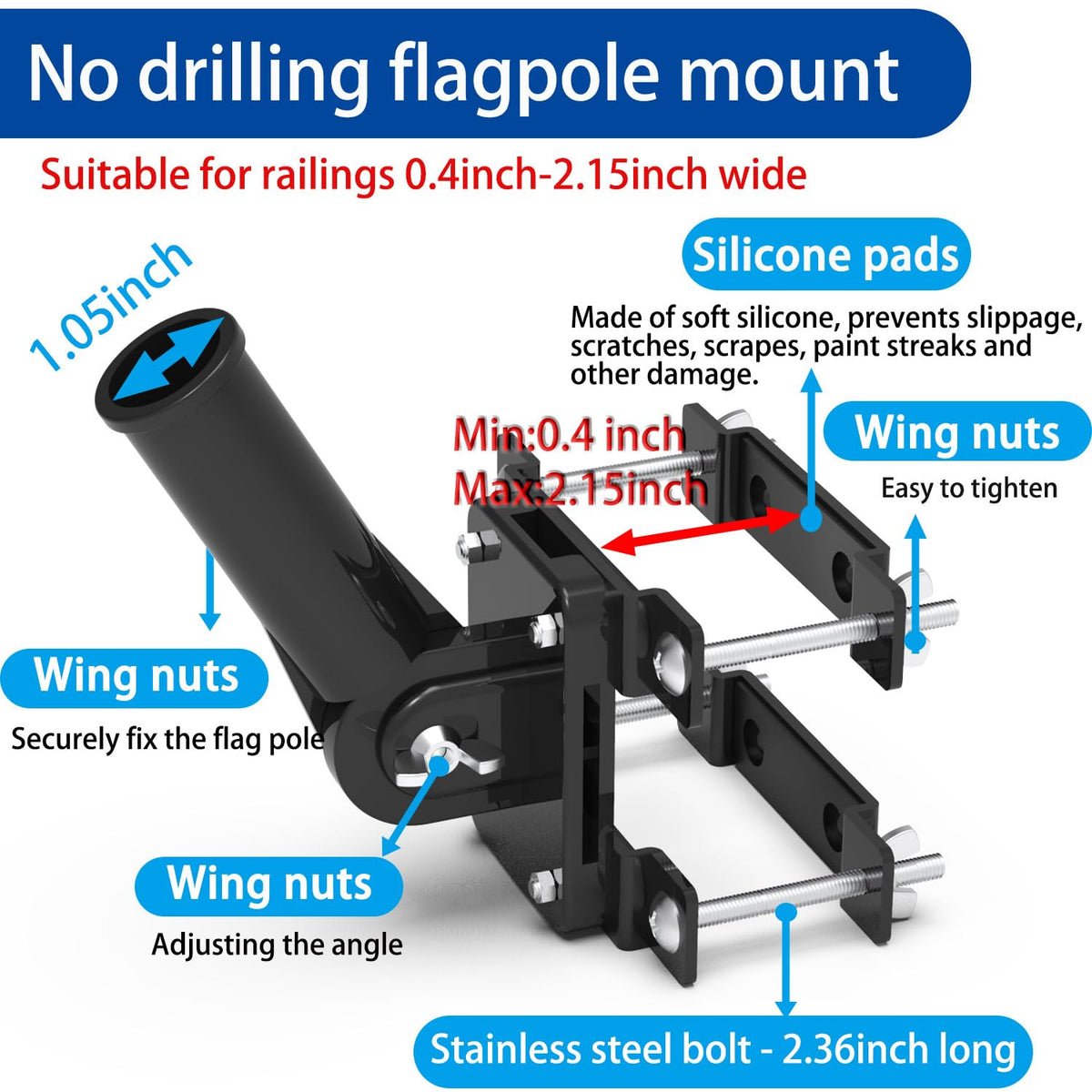 Flagpole Mount for Balcony Railing, Round and Square Railing, Black R6764
