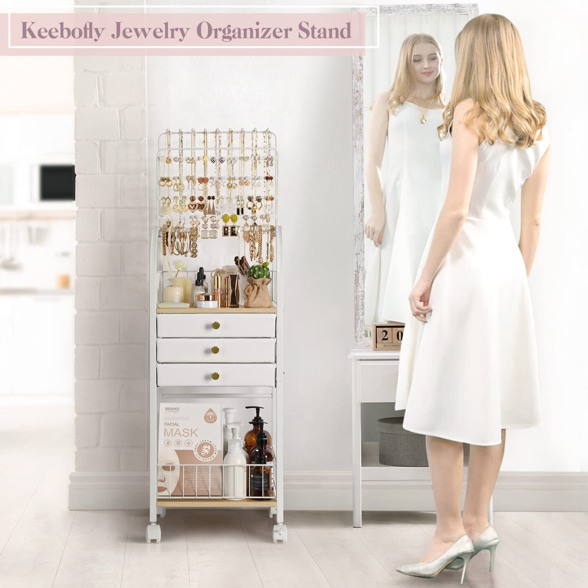 Large White 3 Drawer Floor Jewelry Organizer Stand H886829