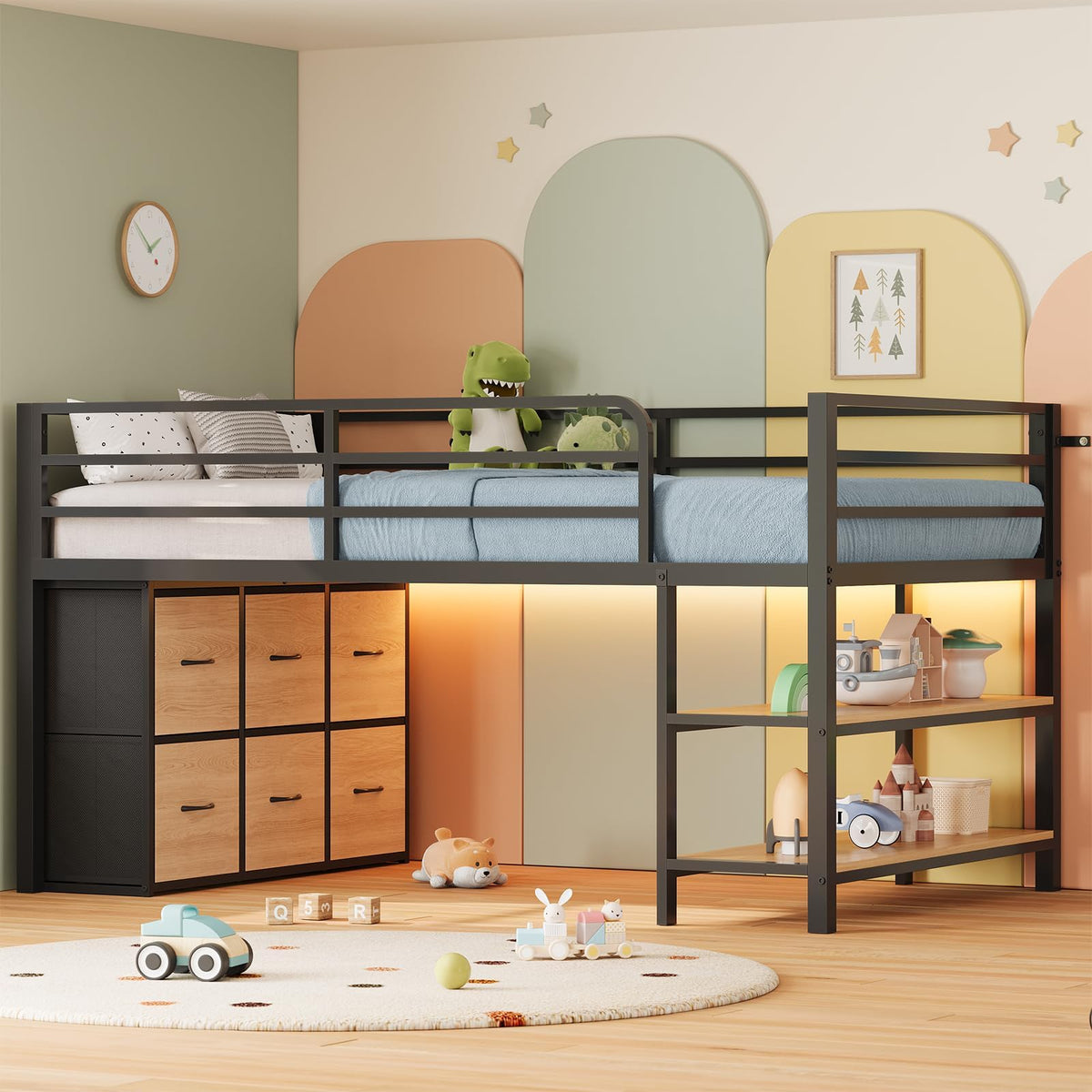 Twin Size Low Loft Bed with 6 Storage Drawers S991196