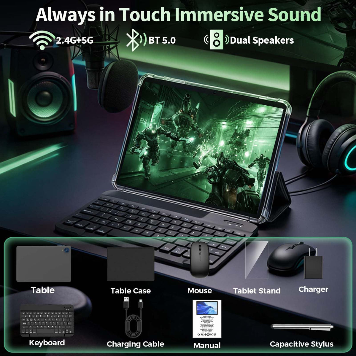 Android 16 Tablet with Keyboard, 10 Inch Tablet, Black Case P782