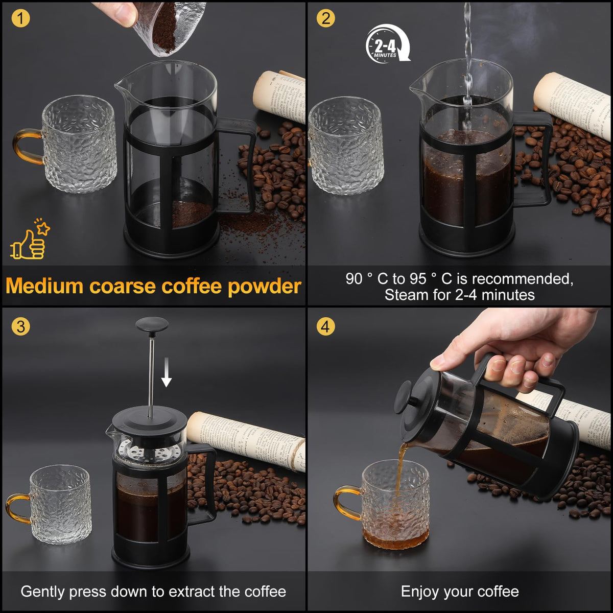 12OZ Glass Stainless Steel French Press Coffee Maker M474
