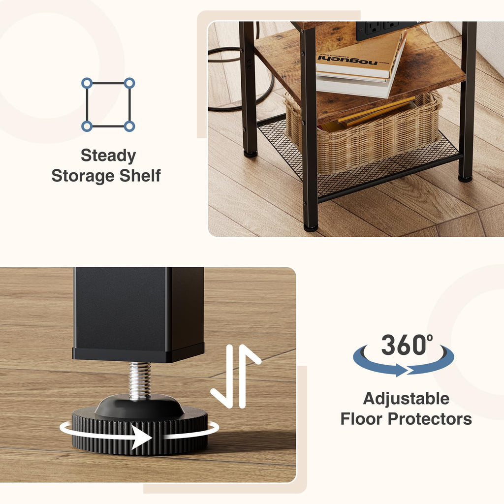 Nightstand with Charging Station, 3-Tier Bedside Table Z171