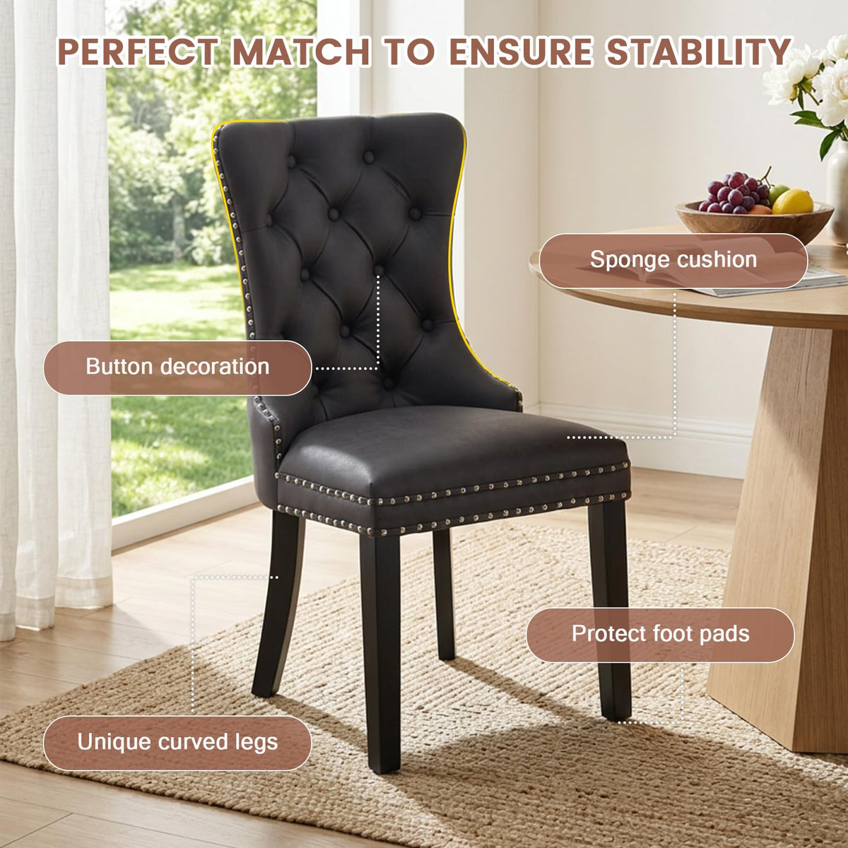 Black PU Leather Dining Chairs Set of 6 with Nailhead Trim and Solid Wood Legs S130465