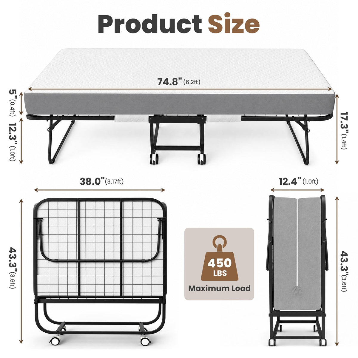 Folding Bed with Mattress, Twin Memory Foam A7877