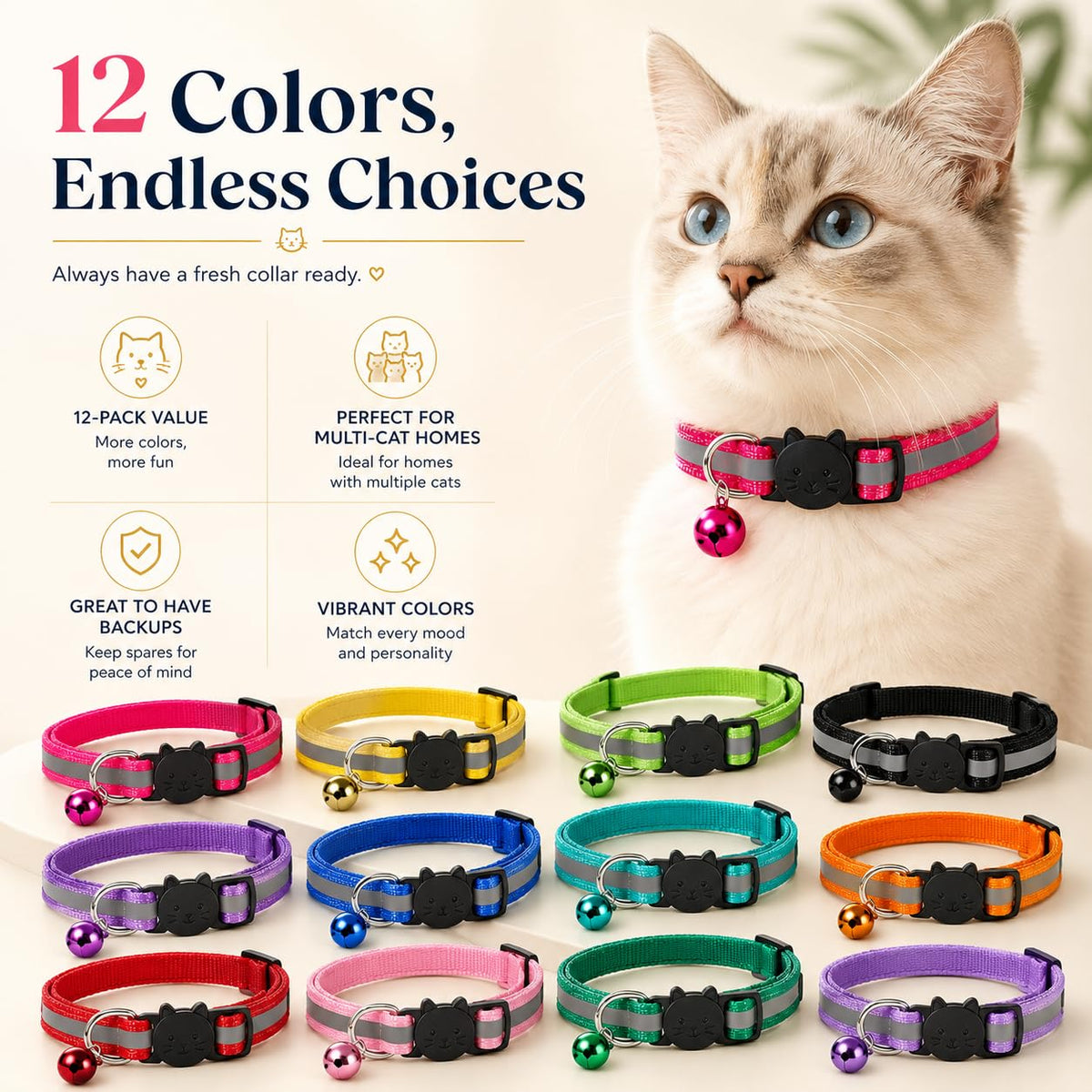 Reflective Breakaway Cat Collar with Bell 12-Pack O514