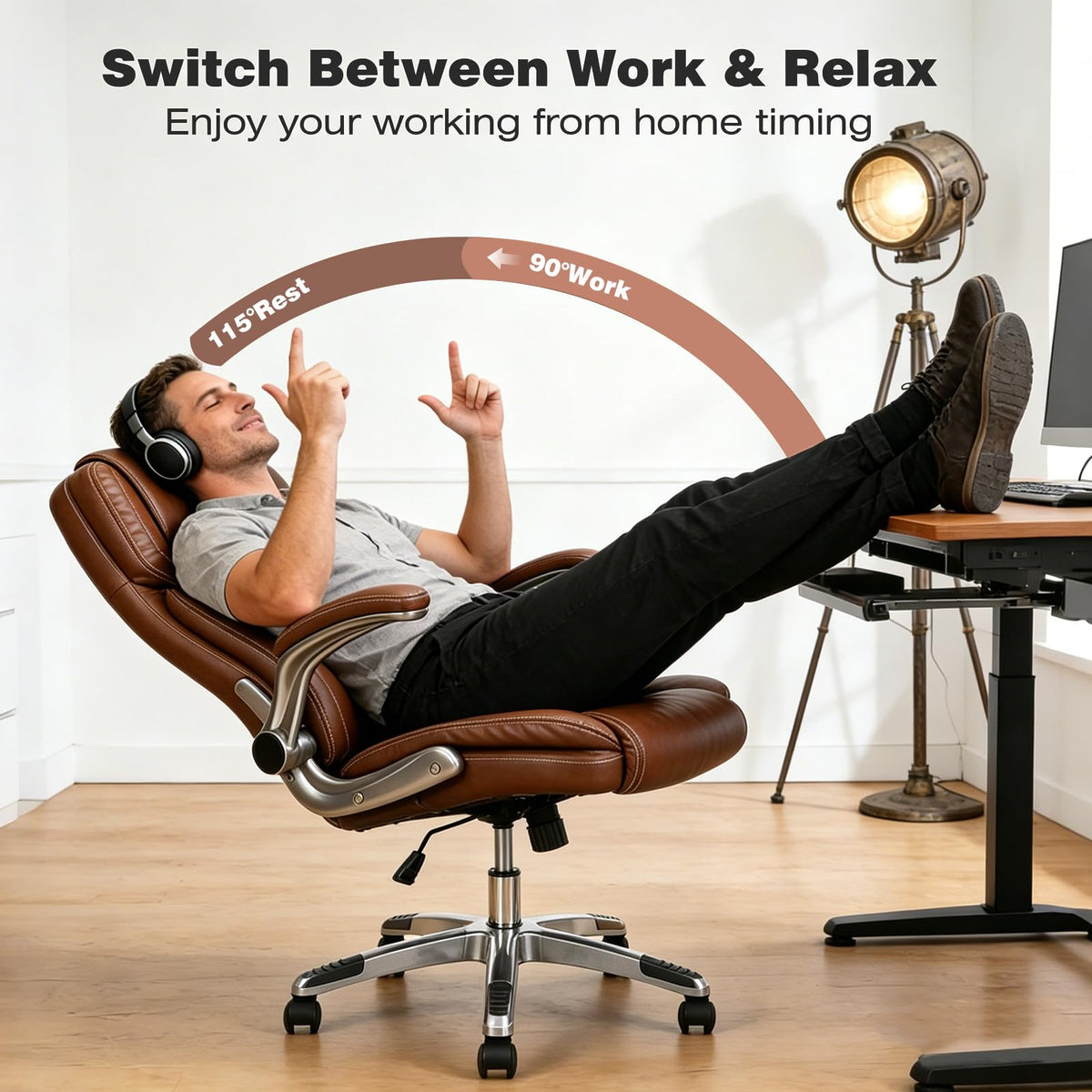 Brown Leather Executive Office Chair with Flip up Arms D8390