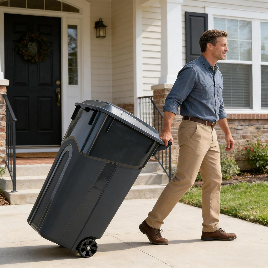Black 32 Gallon Wheeled Heavy Duty Plastic Trash Can with Attached Lid K575