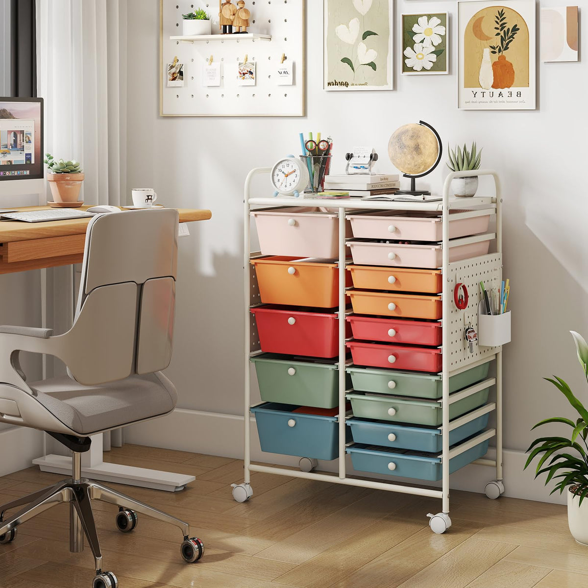 15 Drawer Rolling Storage Cart with Metal Tabletop K631