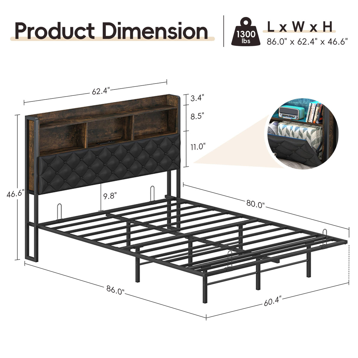 Queen Size Metal Platform Bed with Storage Bookcase Headboard J481577