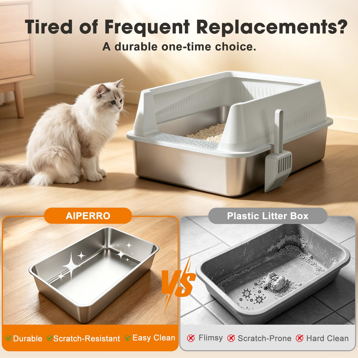 Stainless Steel High Sided Cat Litter Box with Lid N3708
