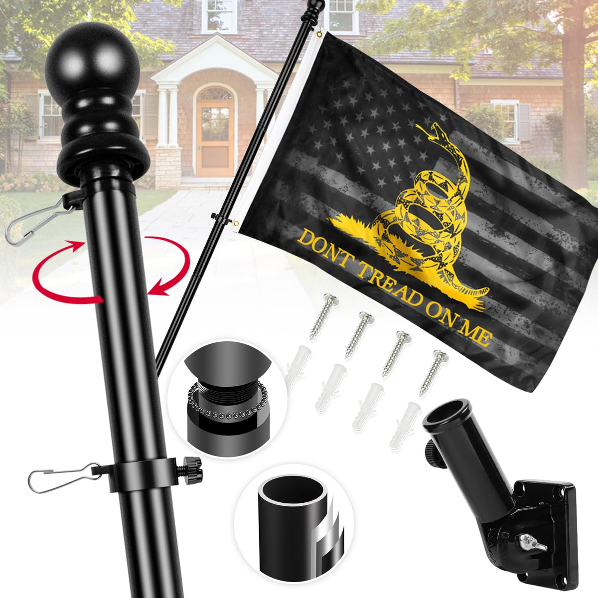 6ft Stainless Steel Spinning Flag Pole with 3x5 ft Double Sided Flag E911