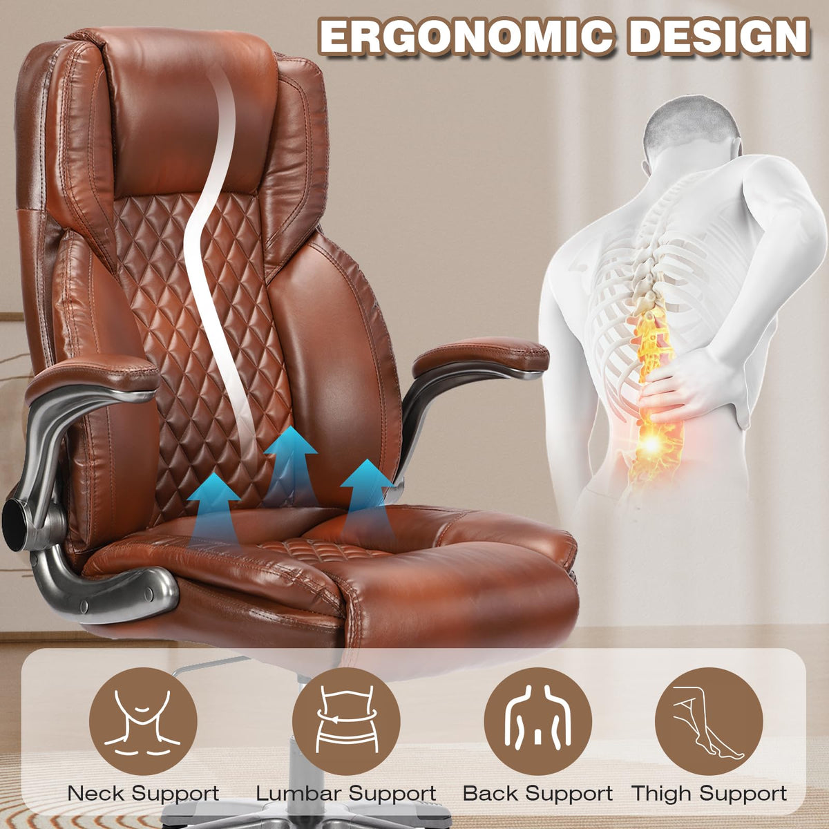 Brown Leather Executive Office Chair with Flip up Arms D8390