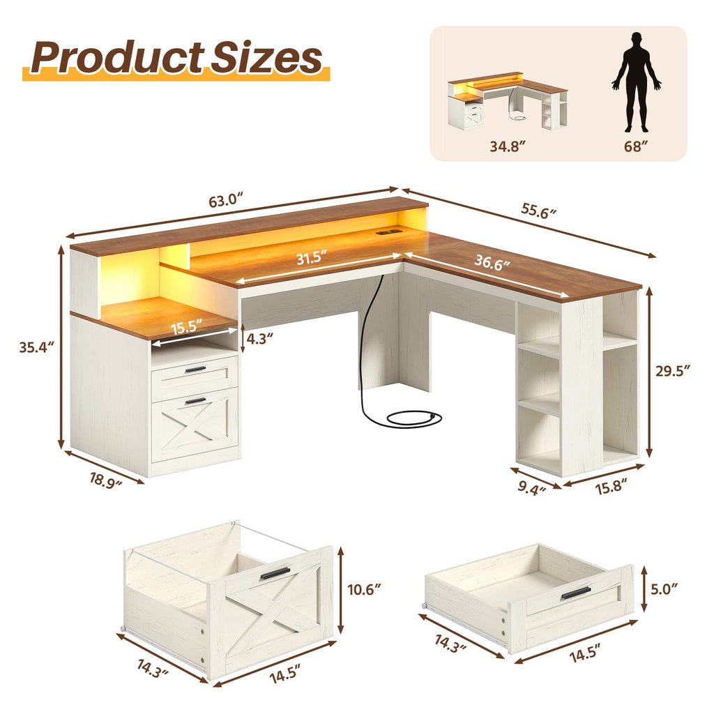 63" L Shaped Desk with Drawers and Storage Shelves X368