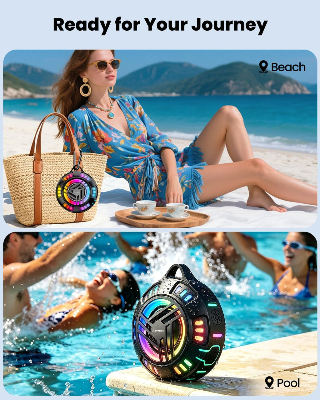 Bluetooth Waterproof Portable Speaker with LED Light Modes M61522