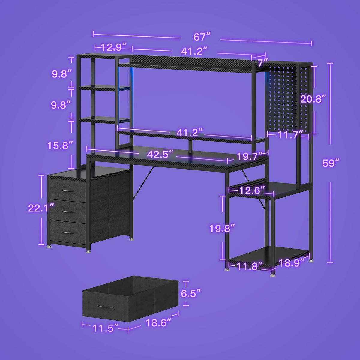 67 Inch Gaming Desk with Storage Shelves, 3 Drawers, LED Lights, Hutch R70328