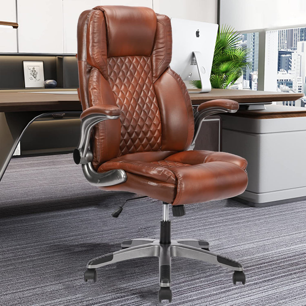 Brown Leather Executive Office Chair with Flip up Arms D8390
