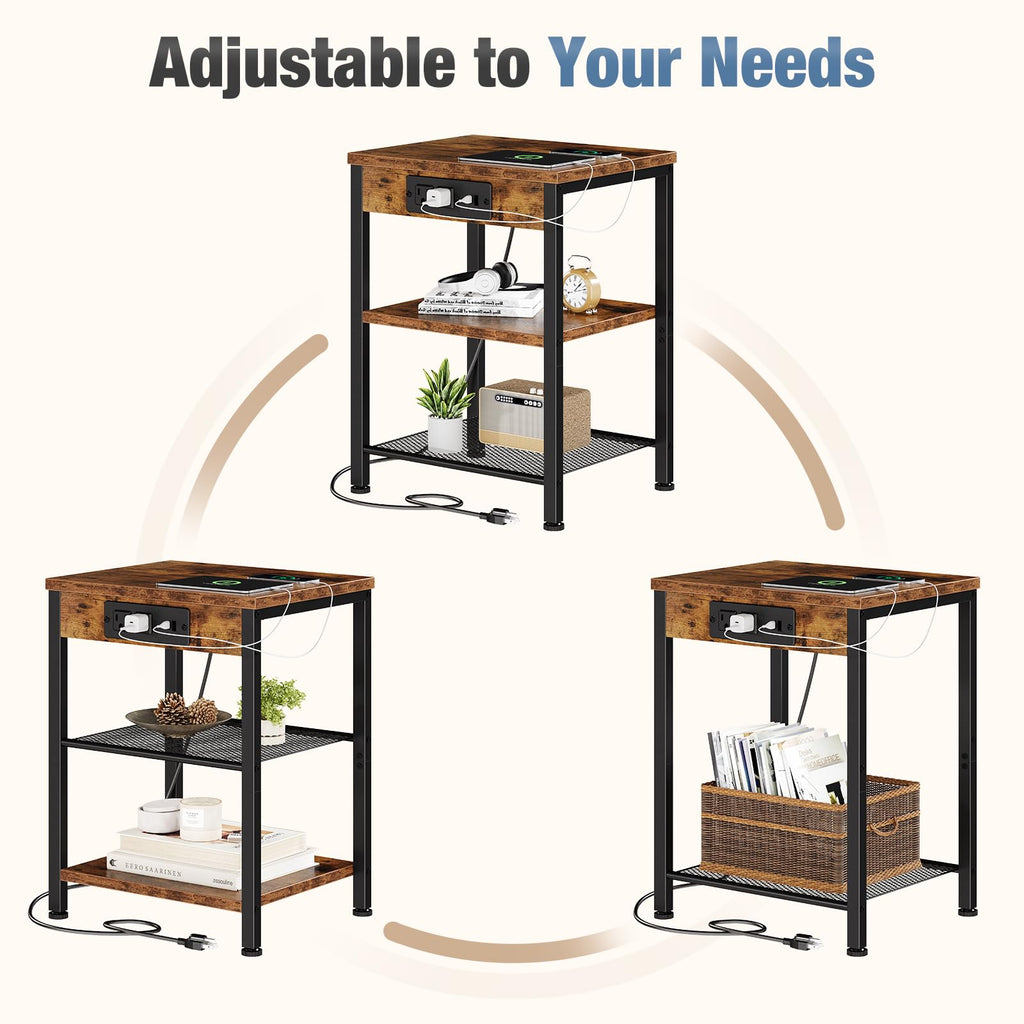 Nightstand with Charging Station, 3-Tier Bedside Table Z171