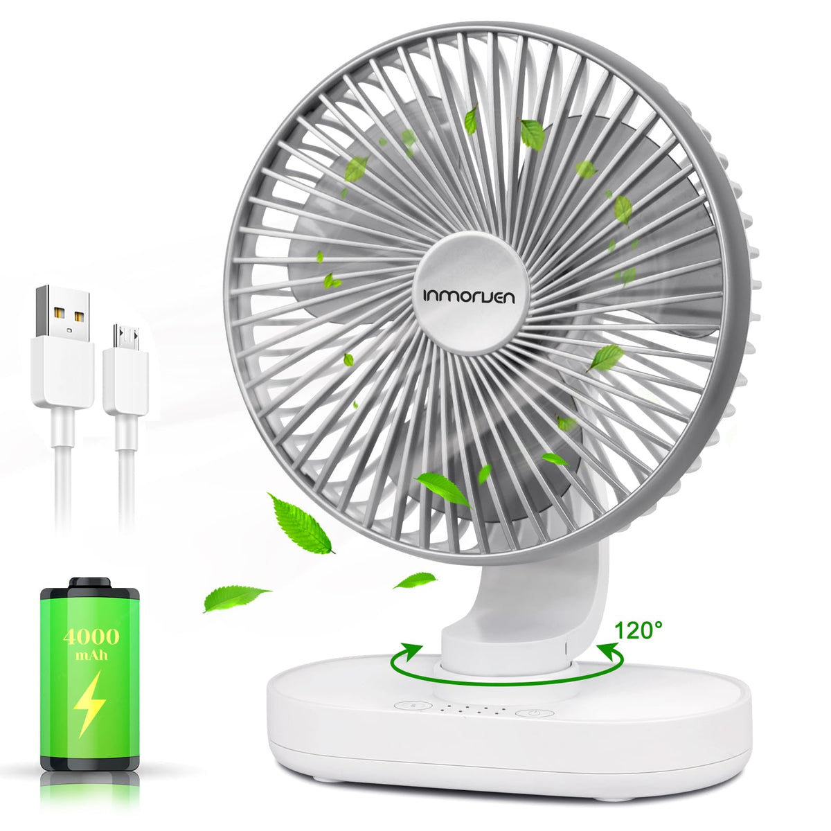 4000mAh Rechargeable Oscillating Desk Fan White Y76972