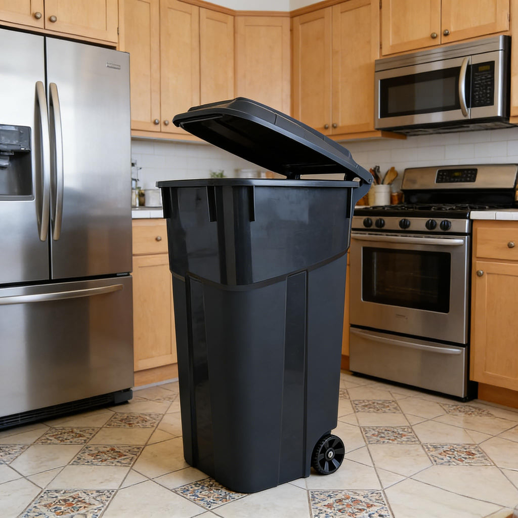 Black 32 Gallon Wheeled Heavy Duty Plastic Trash Can with Attached Lid K575