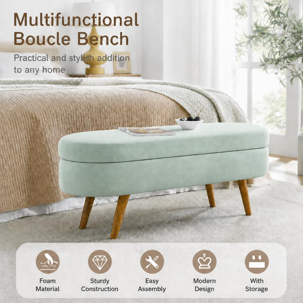 Cream Oval Boucle Storage Ottoman with Wooden Legs Y771
