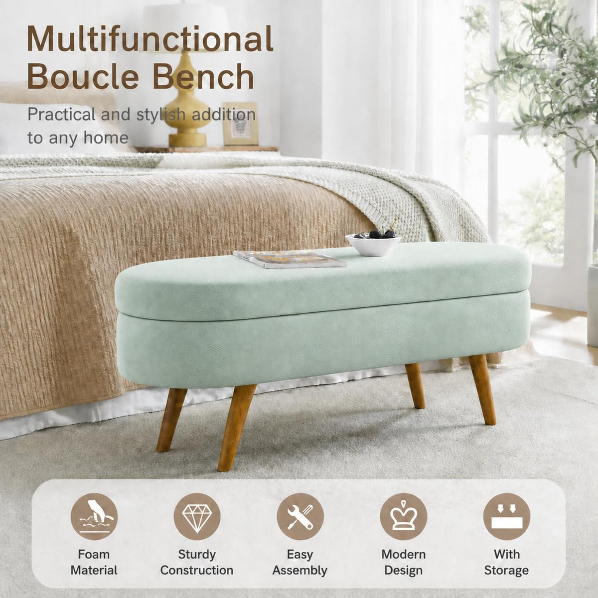 Cream Oval Boucle Storage Ottoman with Wooden Legs Y771