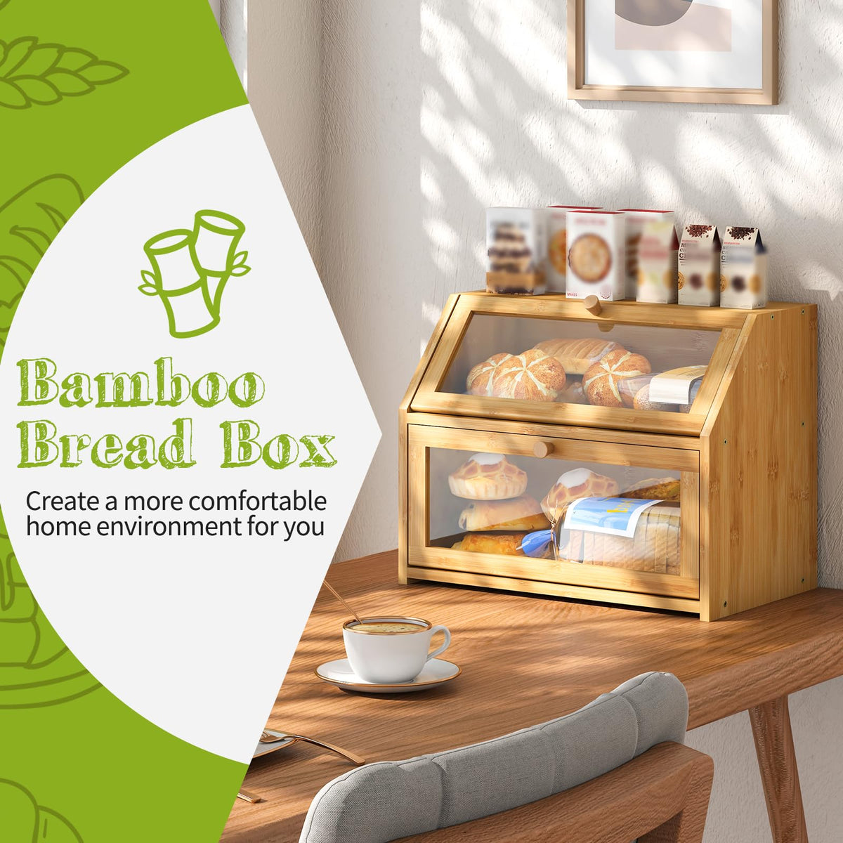 Double Layer Bamboo Wooden Bread Box B14005