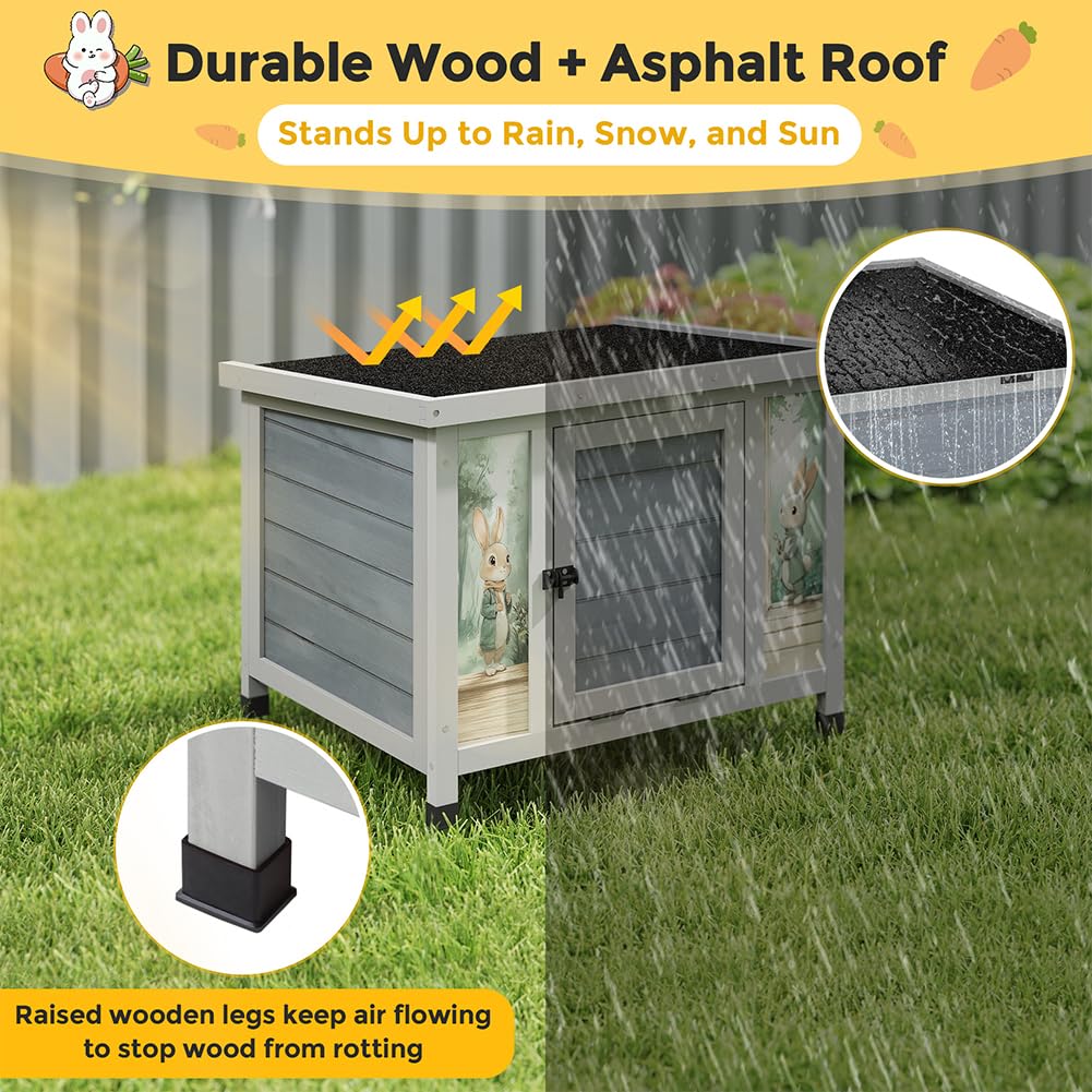 24 Inch Weatherproof Wooden Rabbit Hutch with Non-Slip Ramp W34982