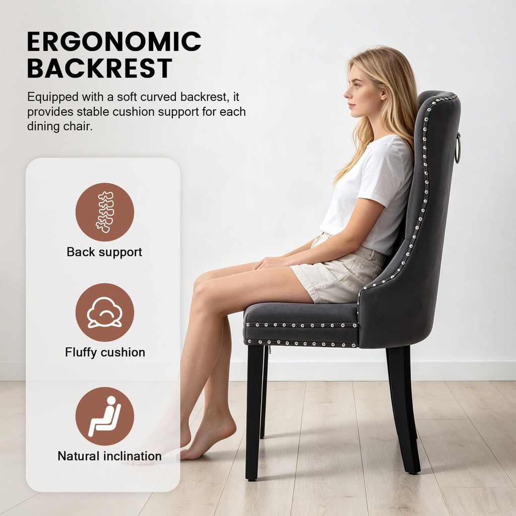 Black PU Leather Dining Chairs Set of 6 with Nailhead Trim and Solid Wood Legs S130465