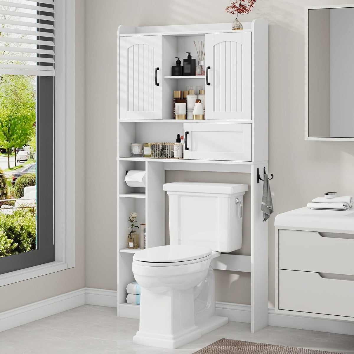 Over The Toilet Cabinet with 2 Barn Doors & Sliding Door, White K66259