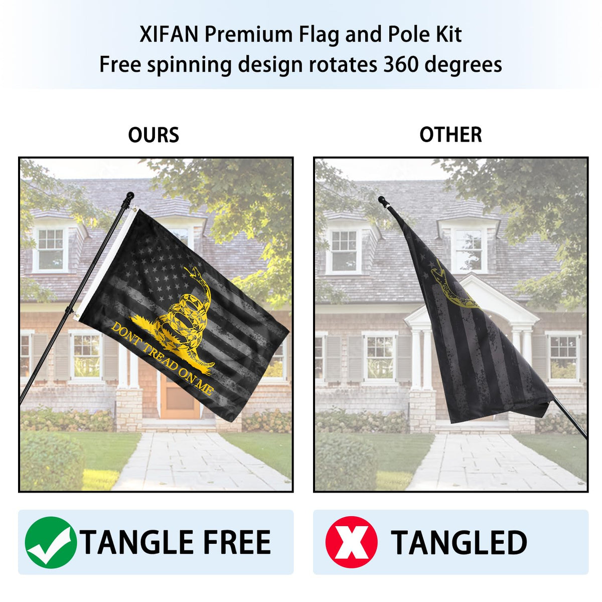 6ft Stainless Steel Spinning Flag Pole with 3x5 ft Double Sided Flag E911